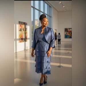 R & M Collection Elegant Blue Layered Dress with Jacket